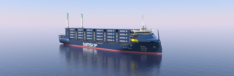 Een seashuttle van het project Hydrogen-Powered SeaShuttles - Samskip. Het schip is nog in aanbouw en nog niet operationeel.
