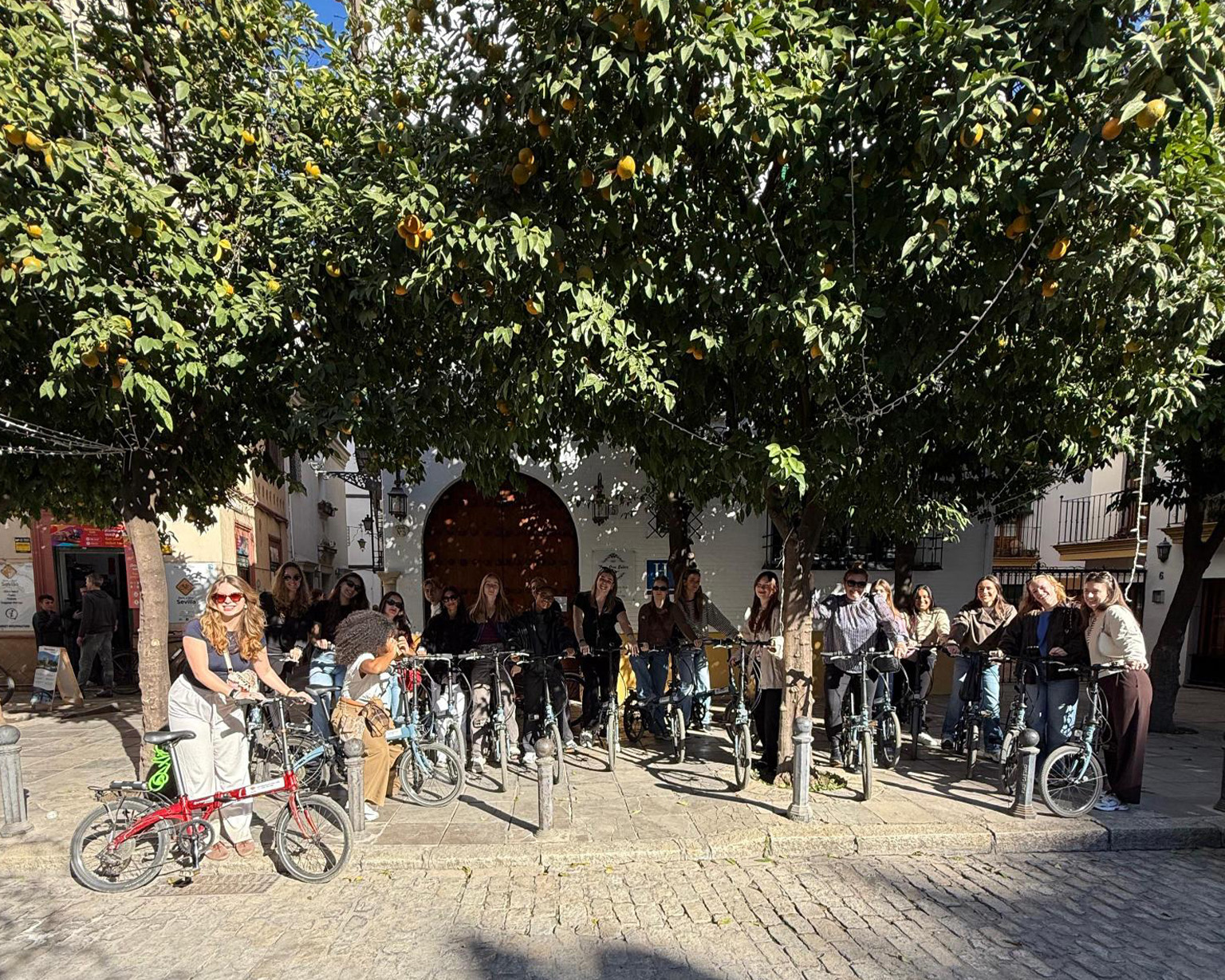 De studenten ontdekte Sevilla op de fiets tijdens de studiereis. 