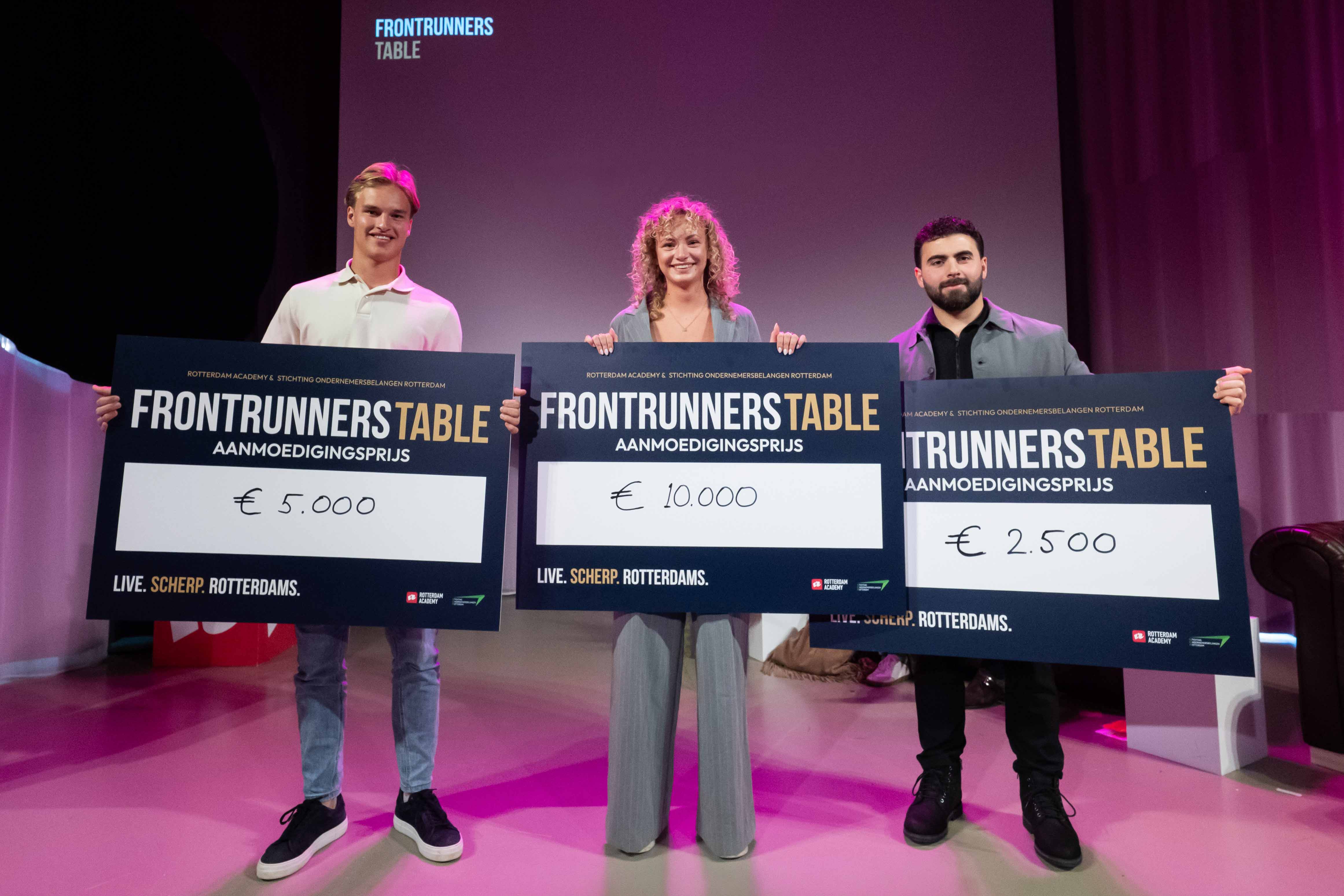 Finn Verduijn, Tess Huijsmans en Anil Cilek tonen trots de cheque van de aanmoedigingsprijs van Stichting Ondernemersbelangen Rotterdam