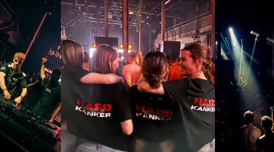 Het team van Hard voor Kanker poseert tijdens hun eigen event tussen de bezoekers van het technofeest met dj's