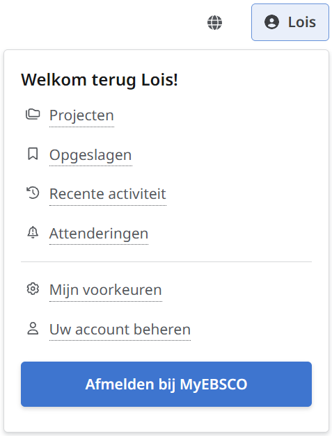 schermafbeelding van MyEBSCO menu