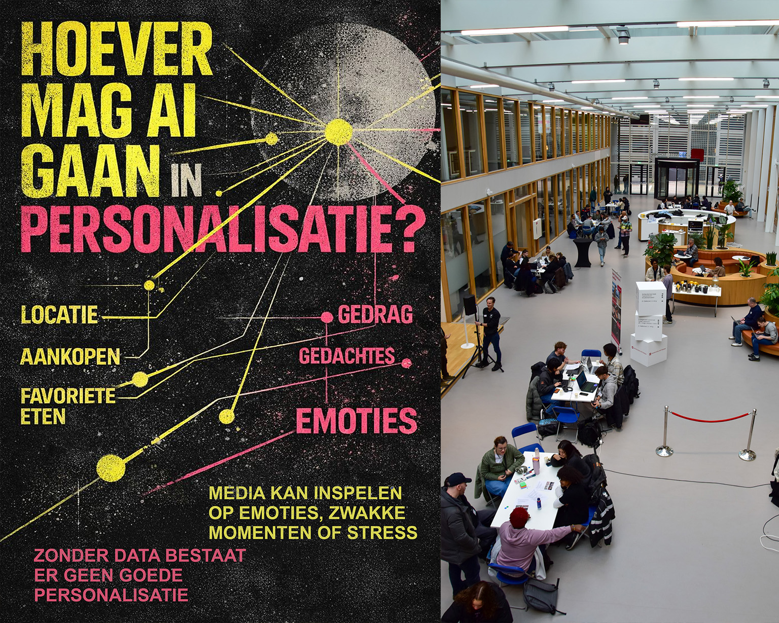 Links: Eindresultaat van &eacute;&eacute;n van de studenten in deze periode.  Rechts: De Immersive Tech Hackathon waar de studenten van Smart Media Production aan mee deden in Rotterdam. 